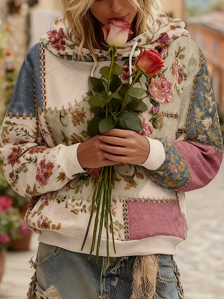 Zaneosica - Floral Patchwork Long Sleeve Hooded Top
