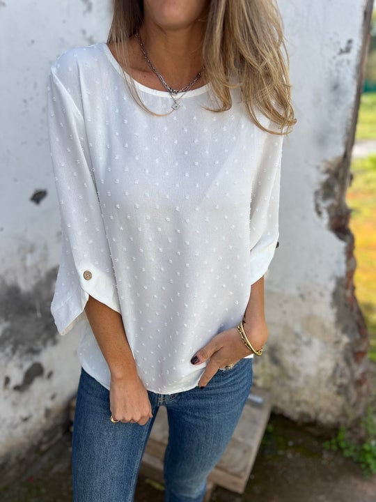 Lyutsiya - Round Neck Embroidered Large Cuffs Casual Shirt