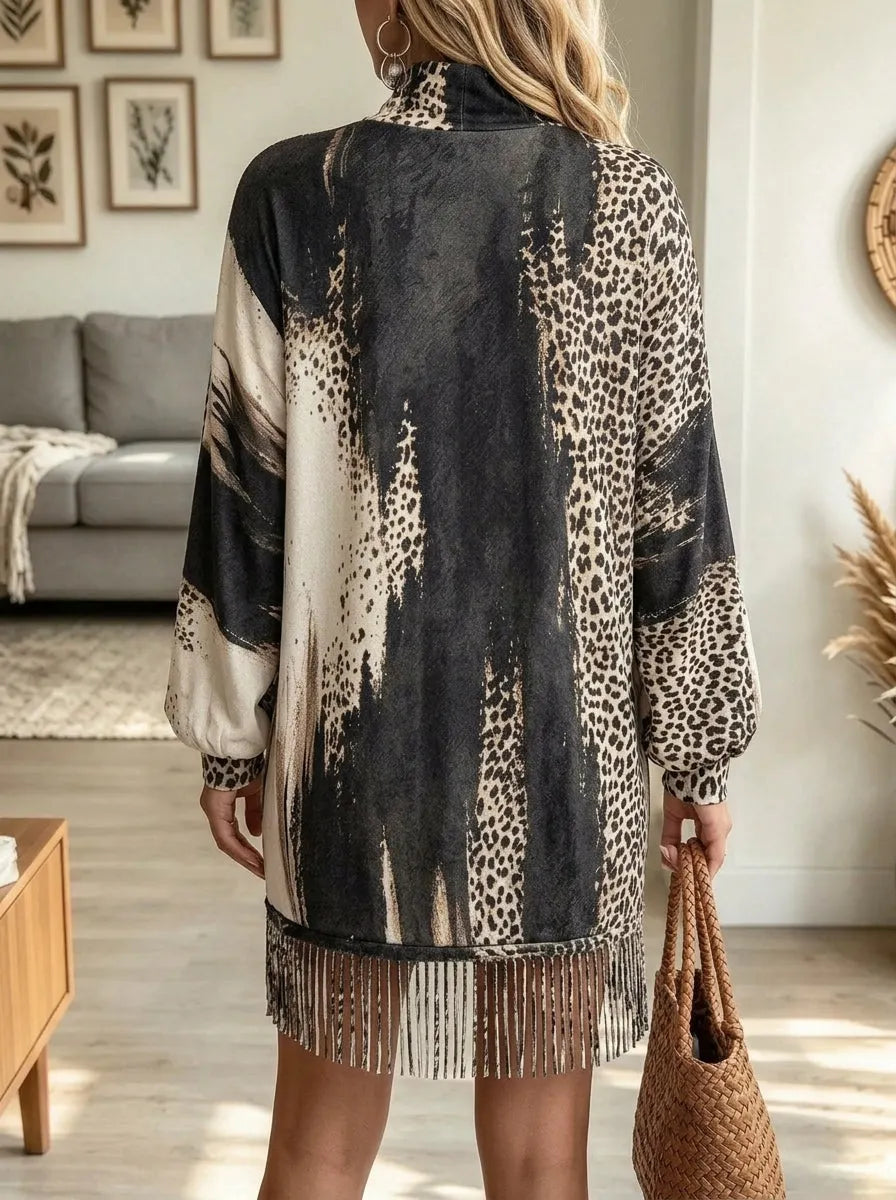 Calena – Fringe Hem Leopard Print Sweater Dress