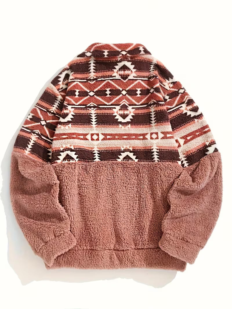 Florira - Geo Pattern Half-Zip Teddy Sweatshirt