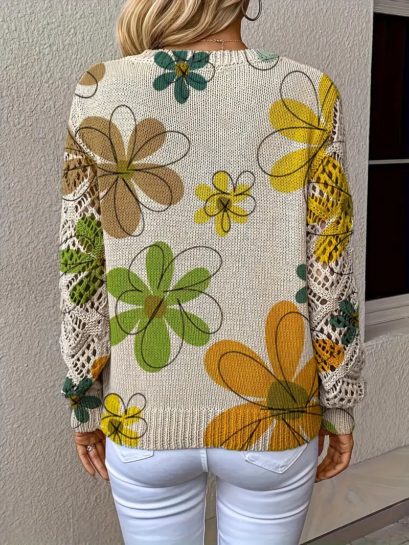 Marzena - Elegant Long Sleeve Sweater With Floral Print