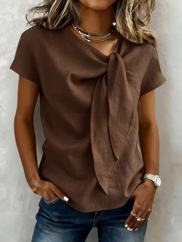 Jovea - Tie-Neck Short Sleeve Top