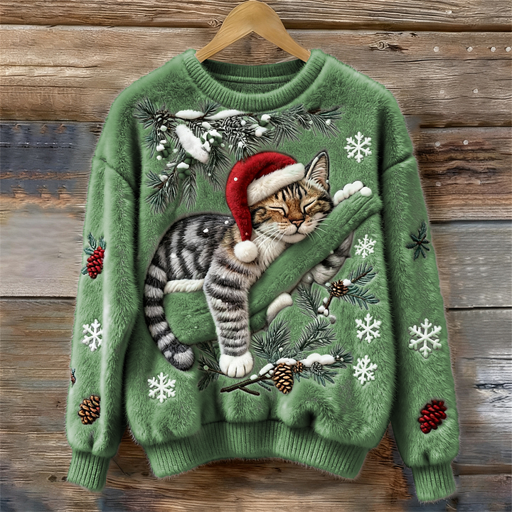 Elisabetta - Plush Sweater With a Lazy Cat Motif