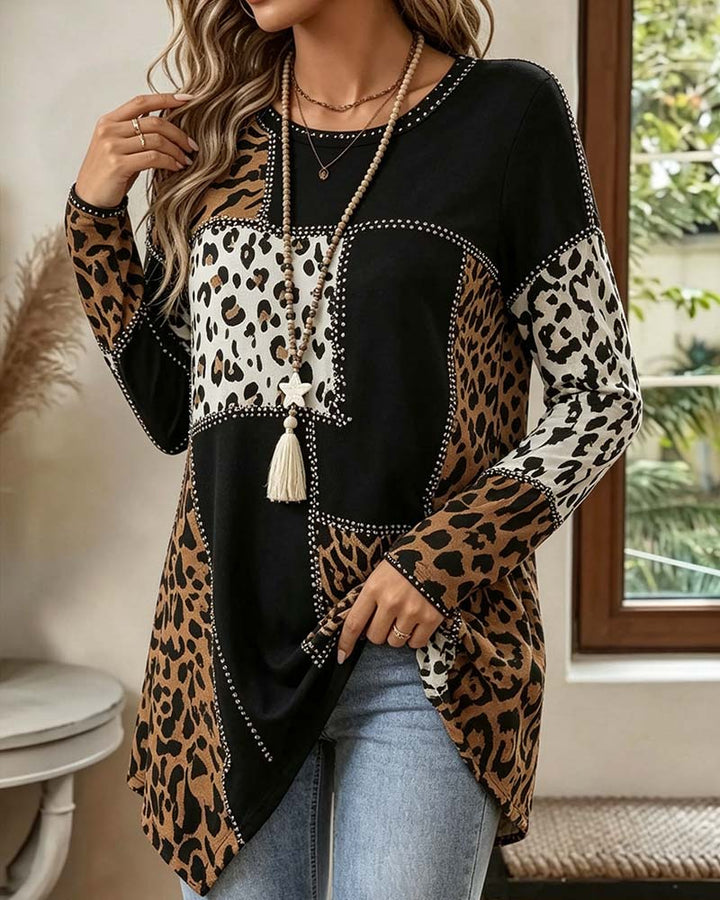 Lianenna - Irregular Patchwork Leopard Print Blouse