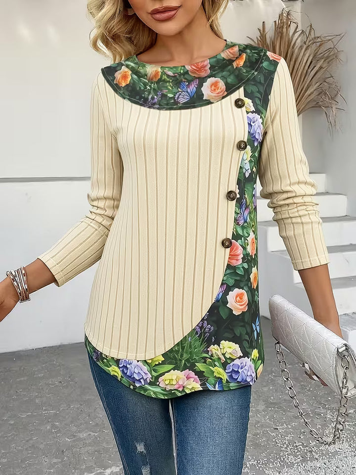 Florilitha - Ribbed Long Sleeve Printed Button Detail Top