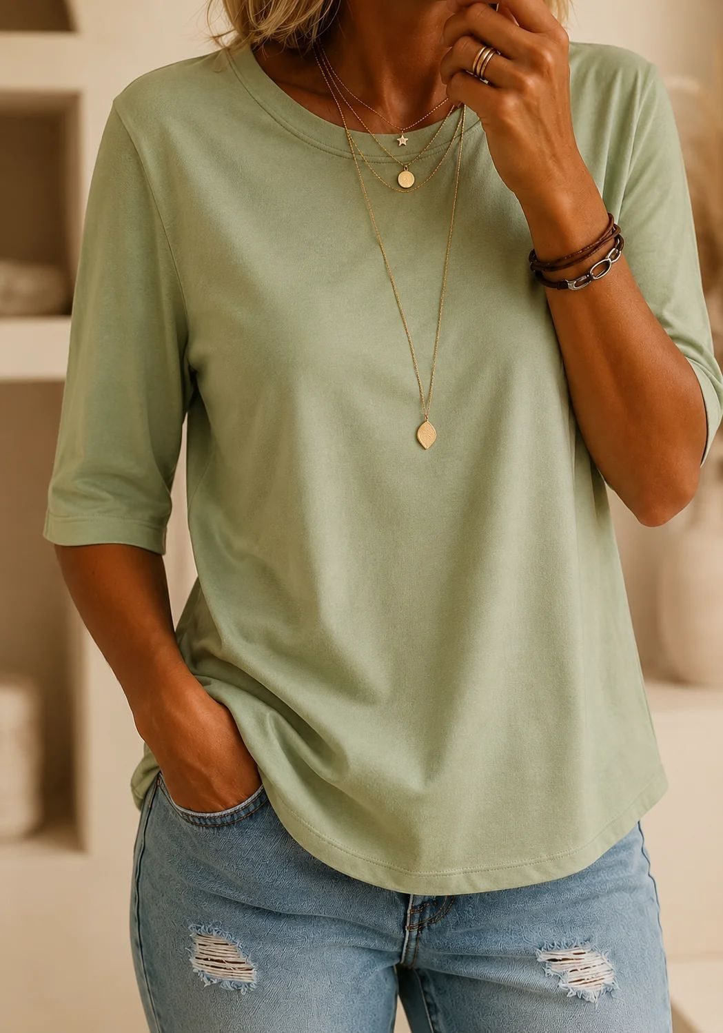 Alivea - Crew Neck Three Quarter Sleeve T-Shirt