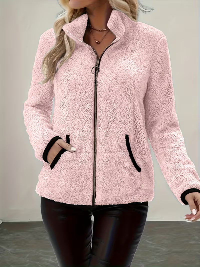 Esmeetta - Fuzzy Long Sleeve Zip-Up Jacket