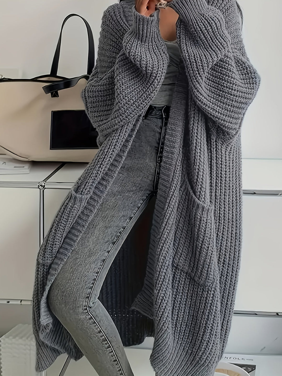 Maveoruna - Cozy Open Front Long Knit Cardigan With Pocket