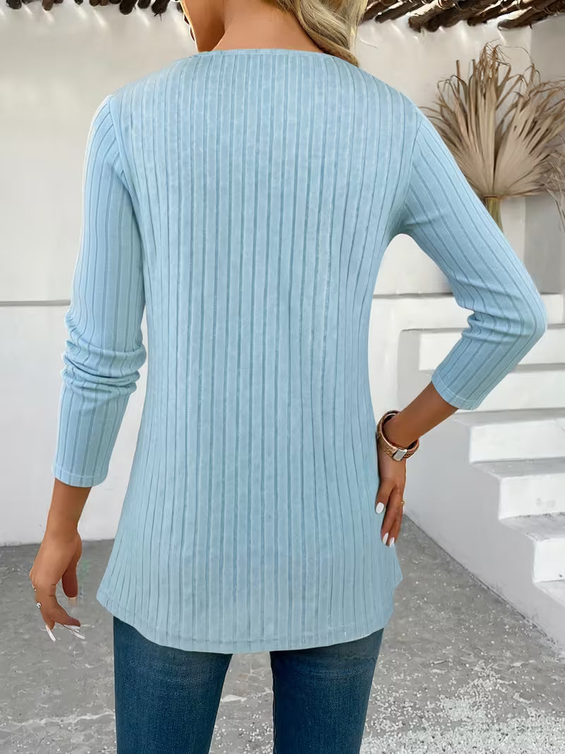 Florilitha - Ribbed Long Sleeve Printed Button Detail Top