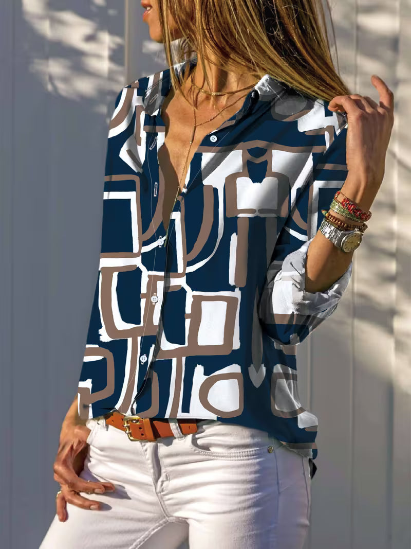 Vespia - Casual Geometric Print Chiffon Shirt