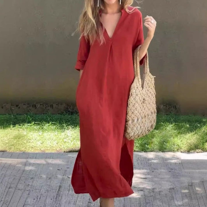 Ramune - Casual Linen Dress With V-Neck