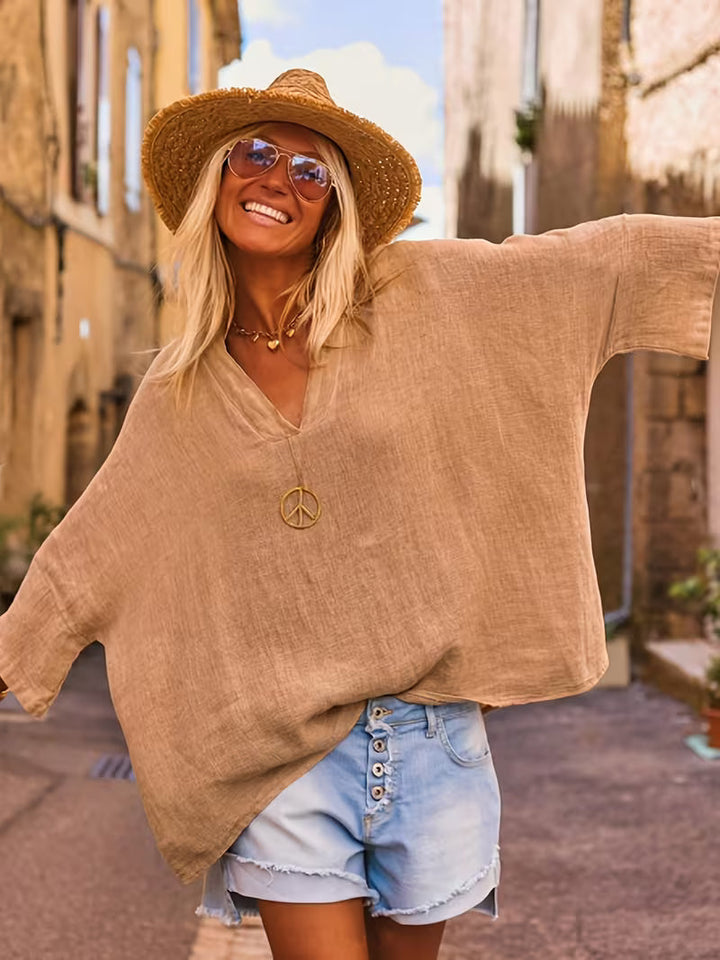 Lelina - V-neck Batwing Sleeve Top