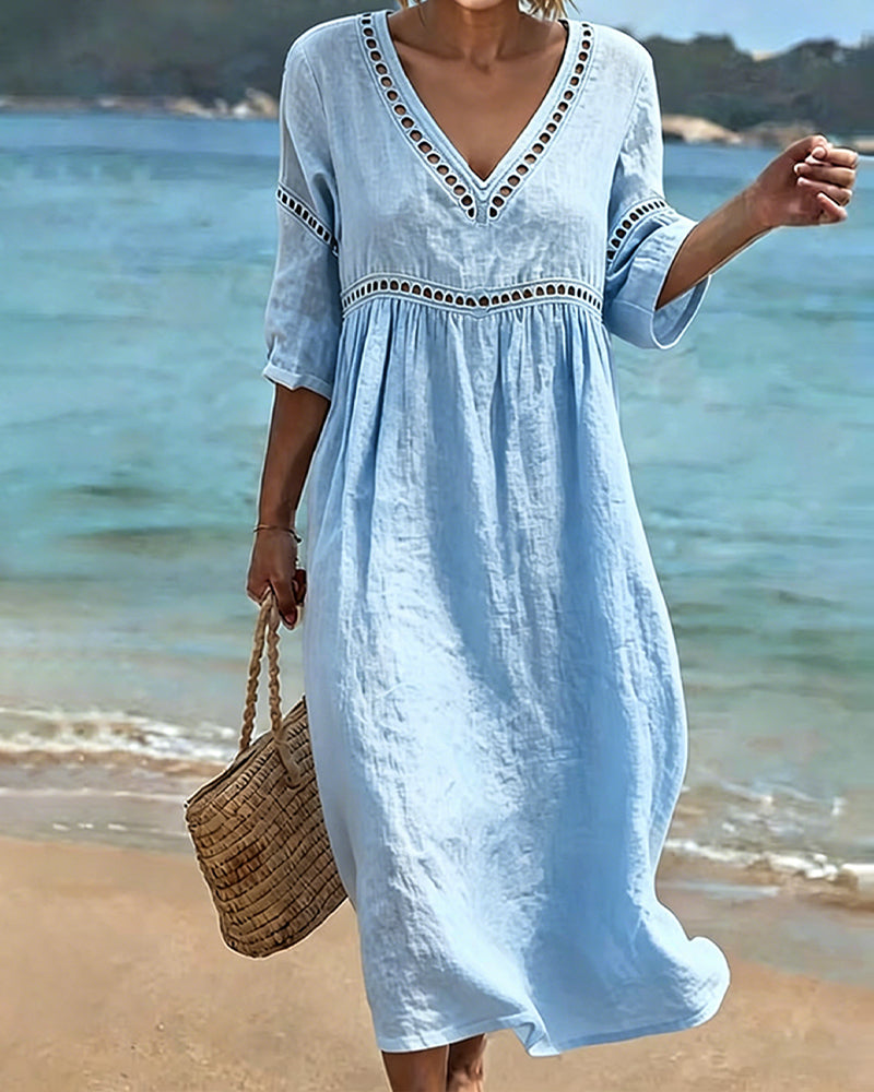 Mikela - Hollow Trim V Neck Midi Dress