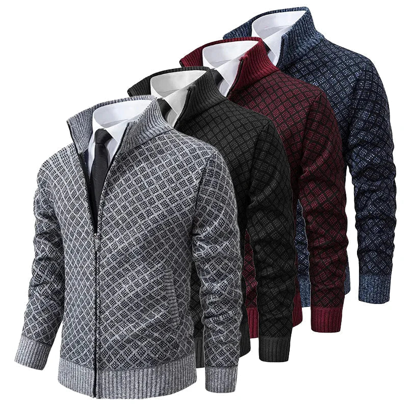 Klarik - Diamond Pattern Full-Zip Knit Cardigan