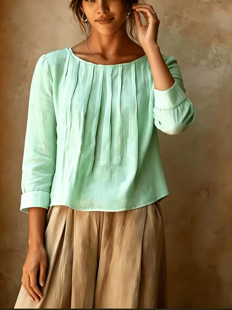 Gelina - Round Neck Blouse With Front Pleats