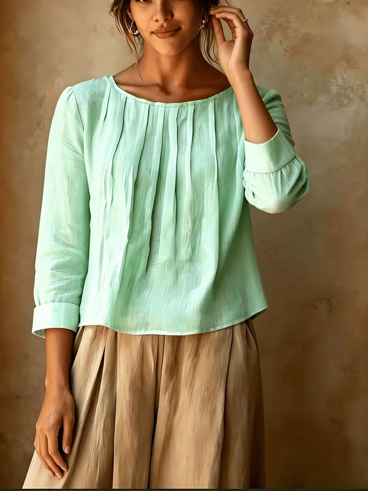 Gelina - Round Neck Blouse With Front Pleats