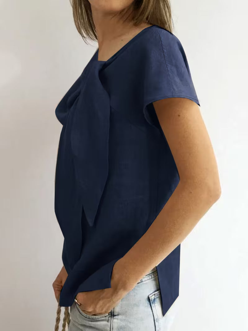 Jovea - Tie-Neck Short Sleeve Top