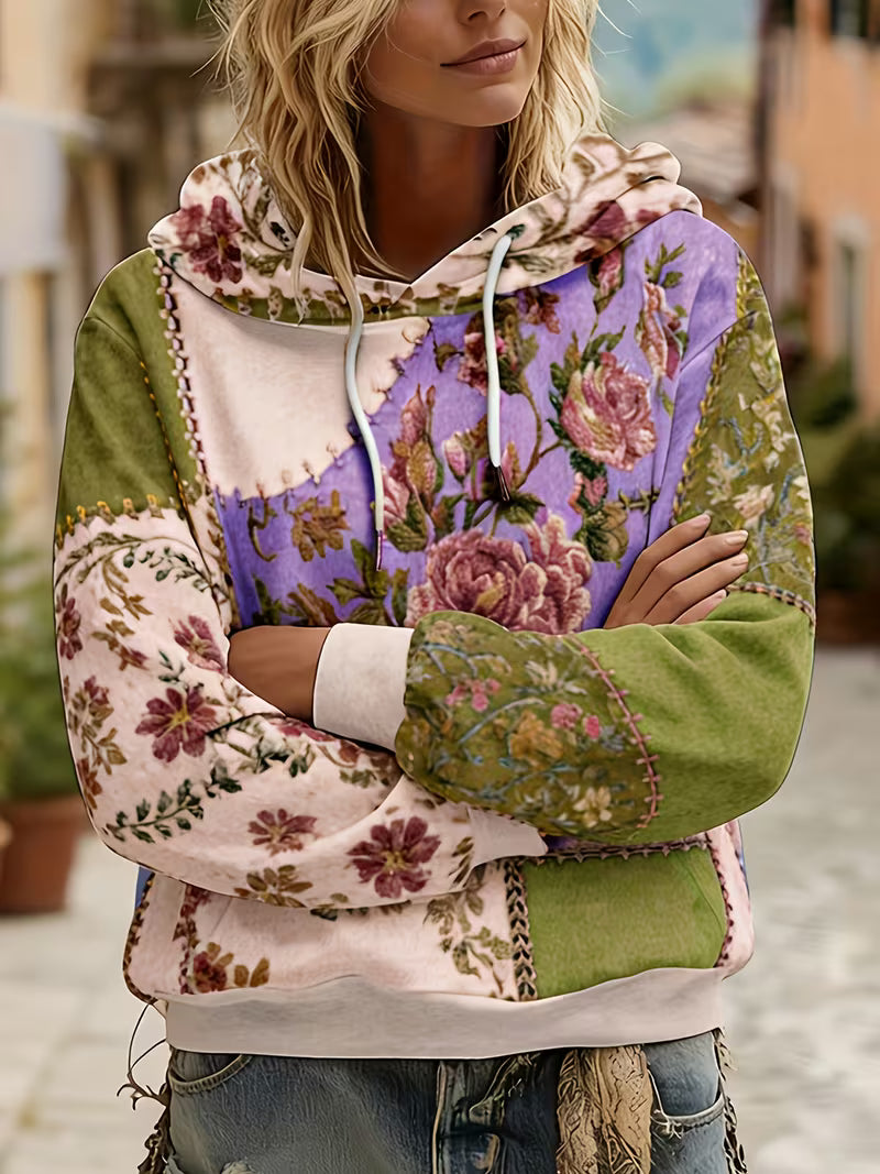 Zaneosica - Floral Patchwork Long Sleeve Hooded Top