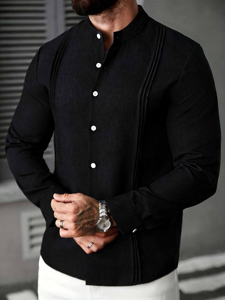 Ragnanor - Stand Collar Long Sleeve Shirt With Button