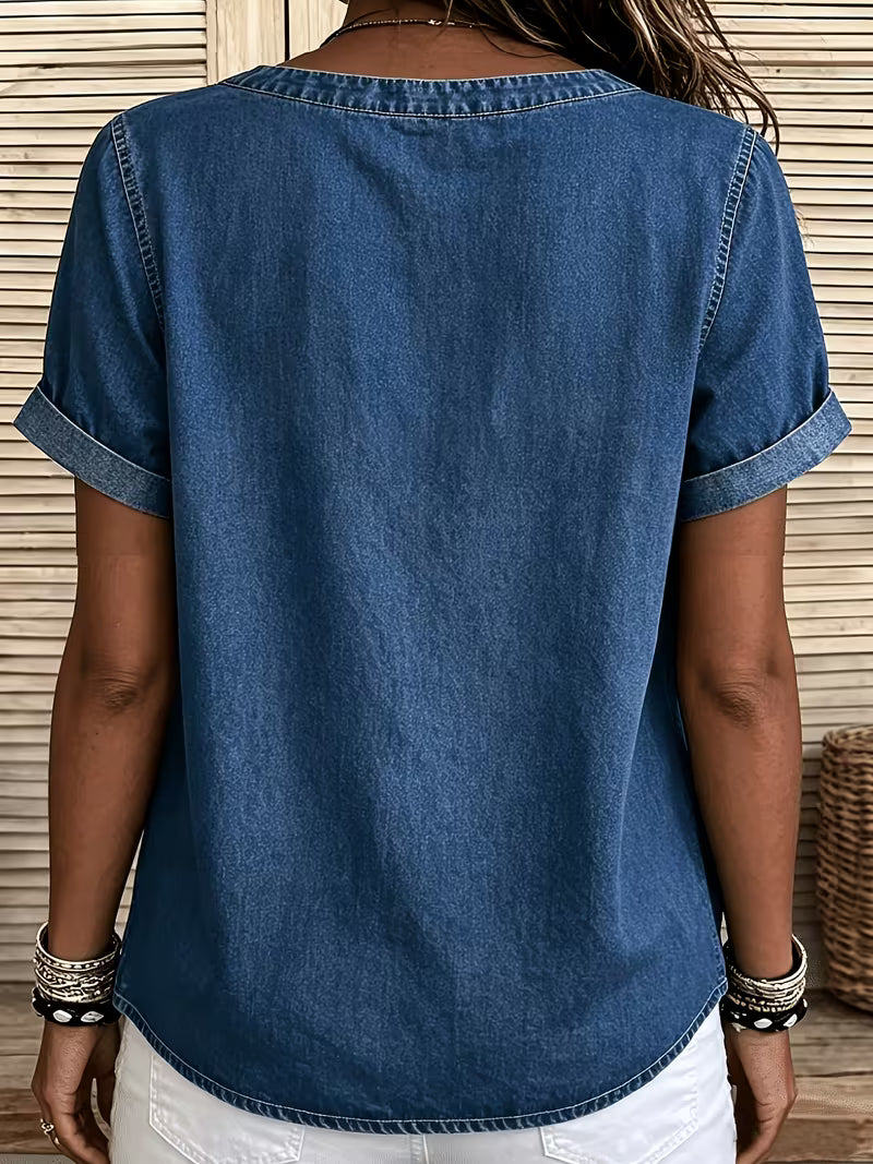 Ferina - Distressed Short Sleeve Denim Top
