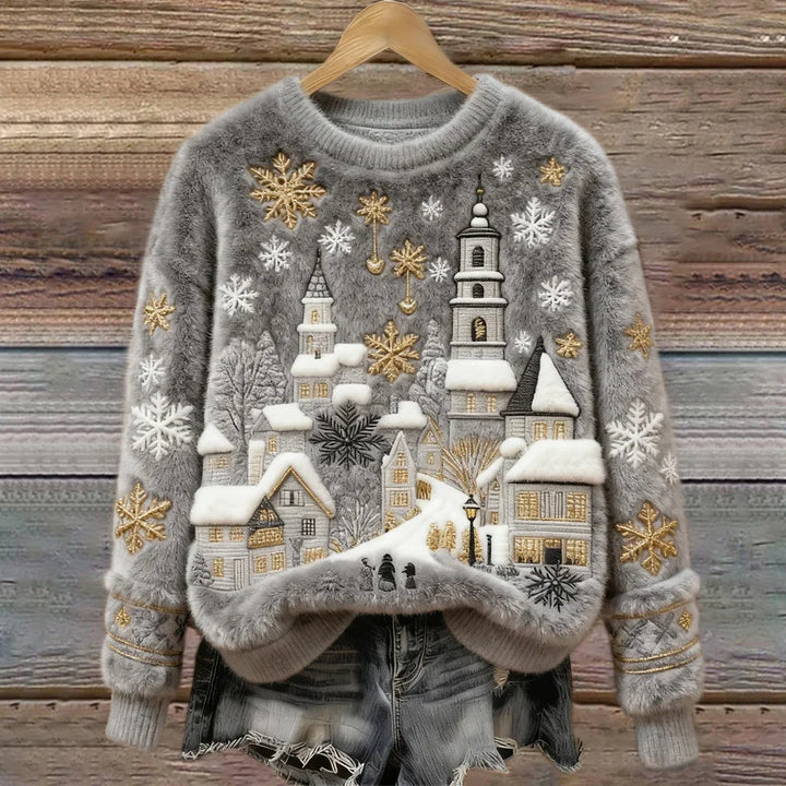 Kenisha - Christmas Snow Scene Embroidery Cozy Sweater