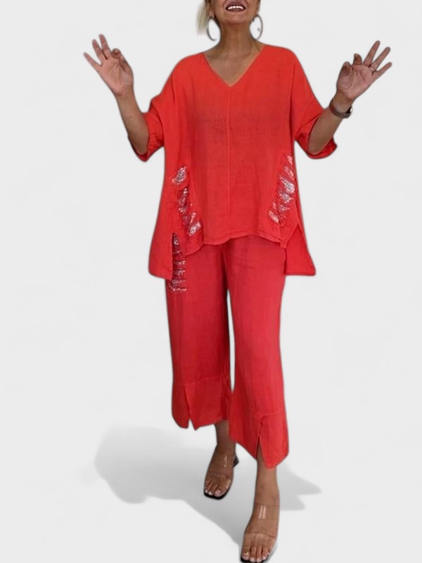 Raisa - V-Neck Two Piece Set For Summer