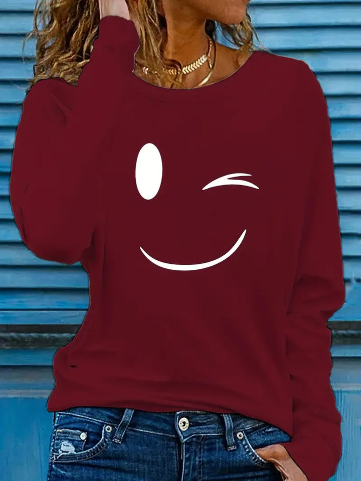 Odalina - Casual Smiley Wink Printed T-Shirt
