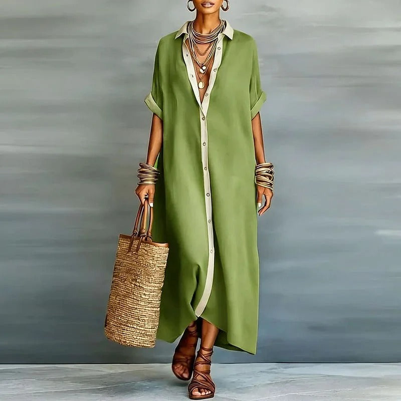 Nerena - Elegant Draped Notched Collar Shirt Dress