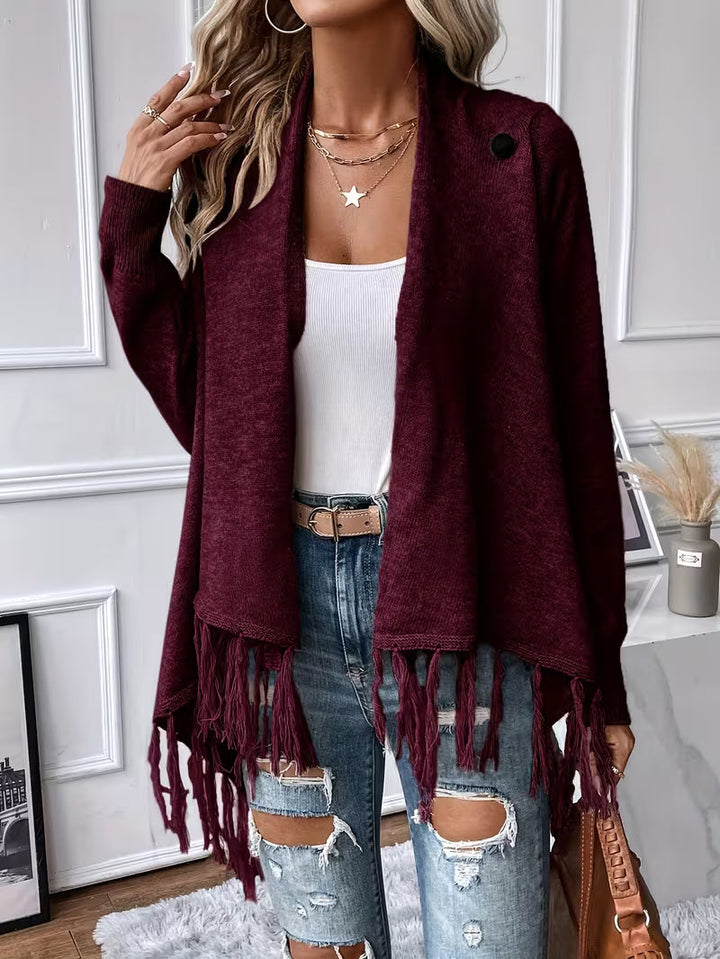 Theoaula - Draped Neck Cardigan With Fringed Trim