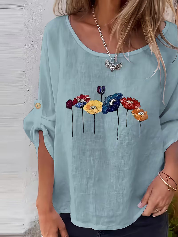 Soleelis - Floral Print Roll-Tab Sleeve Loose Top