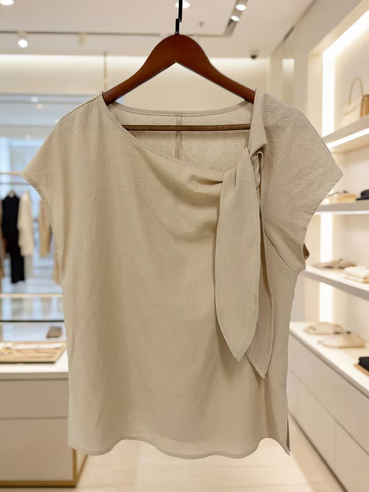 Jovea - Tie-Neck Short Sleeve Top