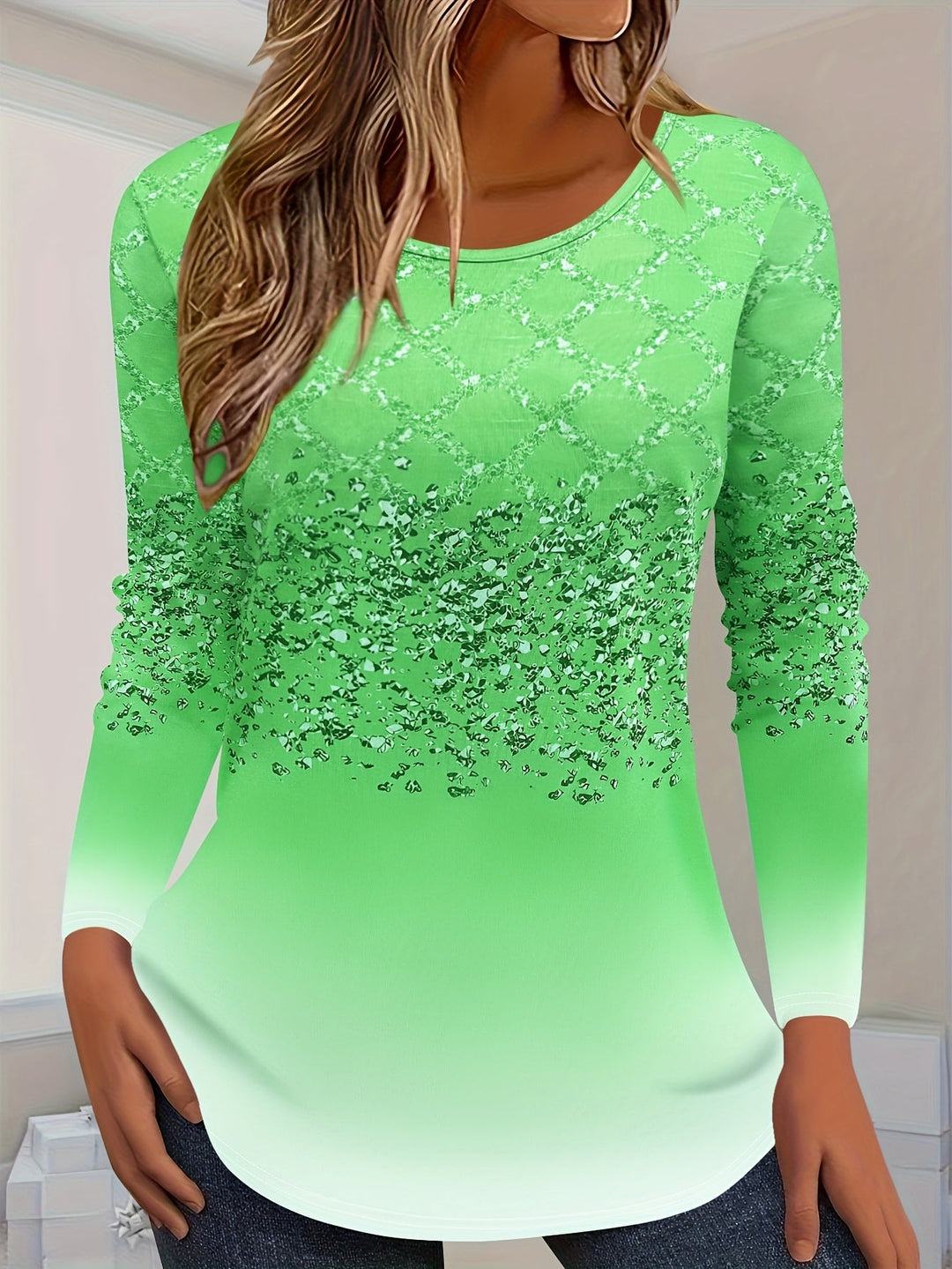 Esmeica - Gradient Lattice Print Long Sleeve T-Shirt
