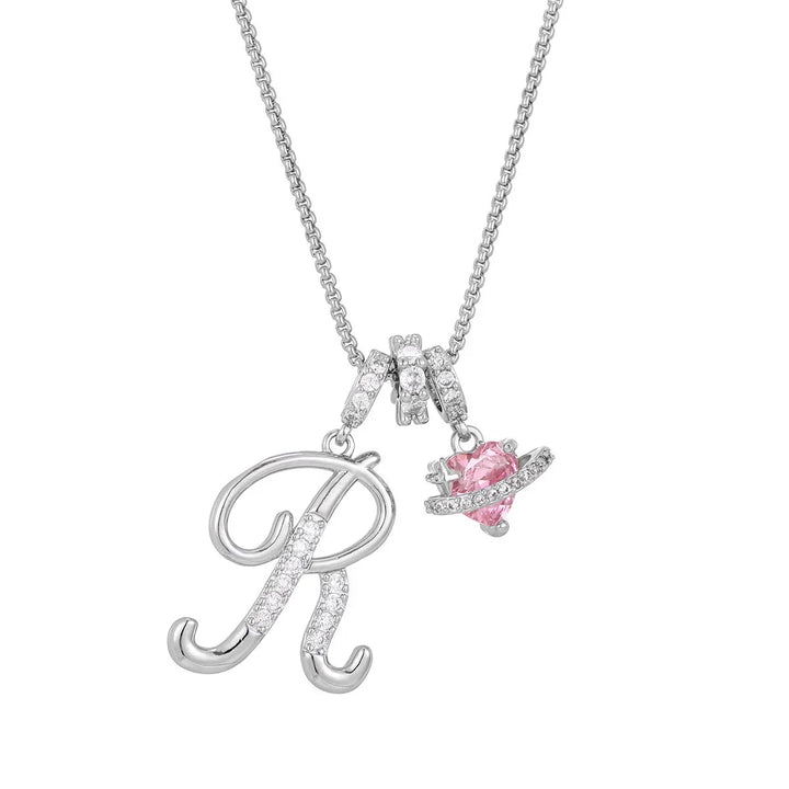 Nerute - Initial Letter Necklace With Pink Heart Charm
