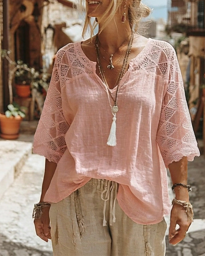 Essien - Lace Sleeve Loose Fit V-Neck Blouse