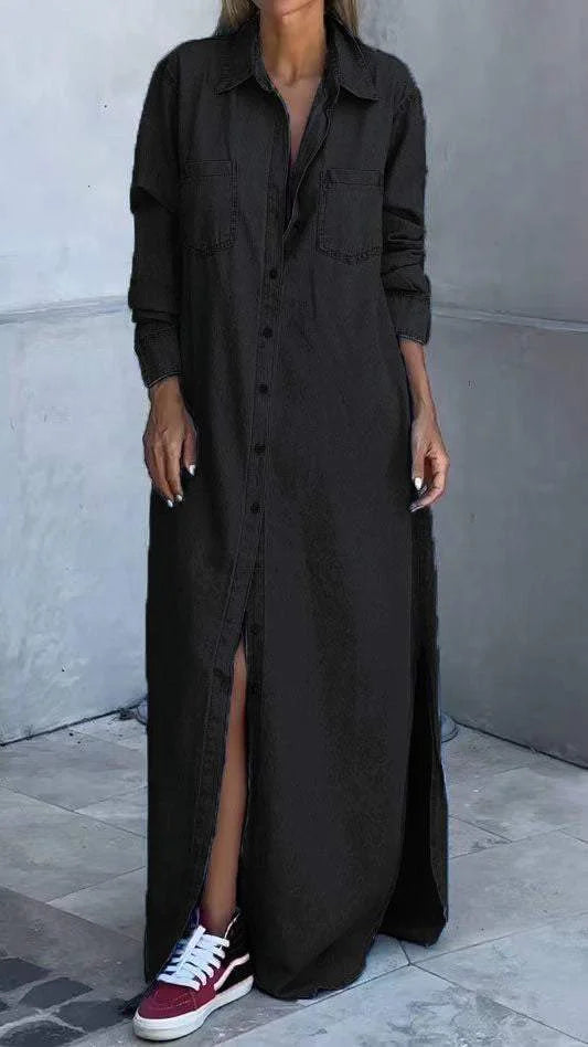 Vallina - Denim Long Sleeves Dress With Lapel