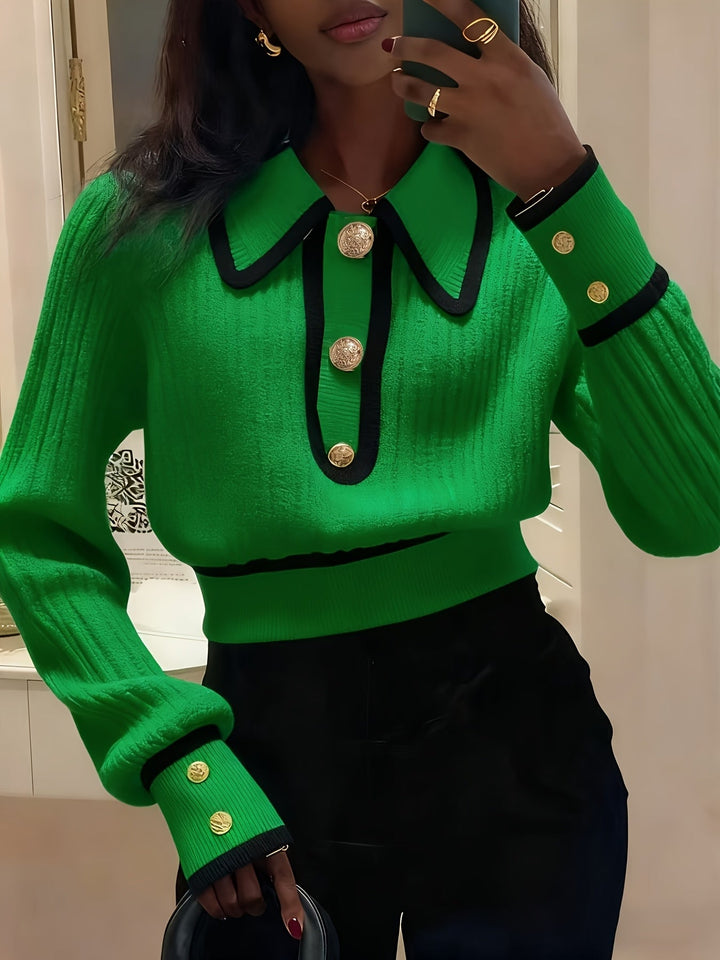 Roweina - Long Sleeve Contrast Trim Button Sweater