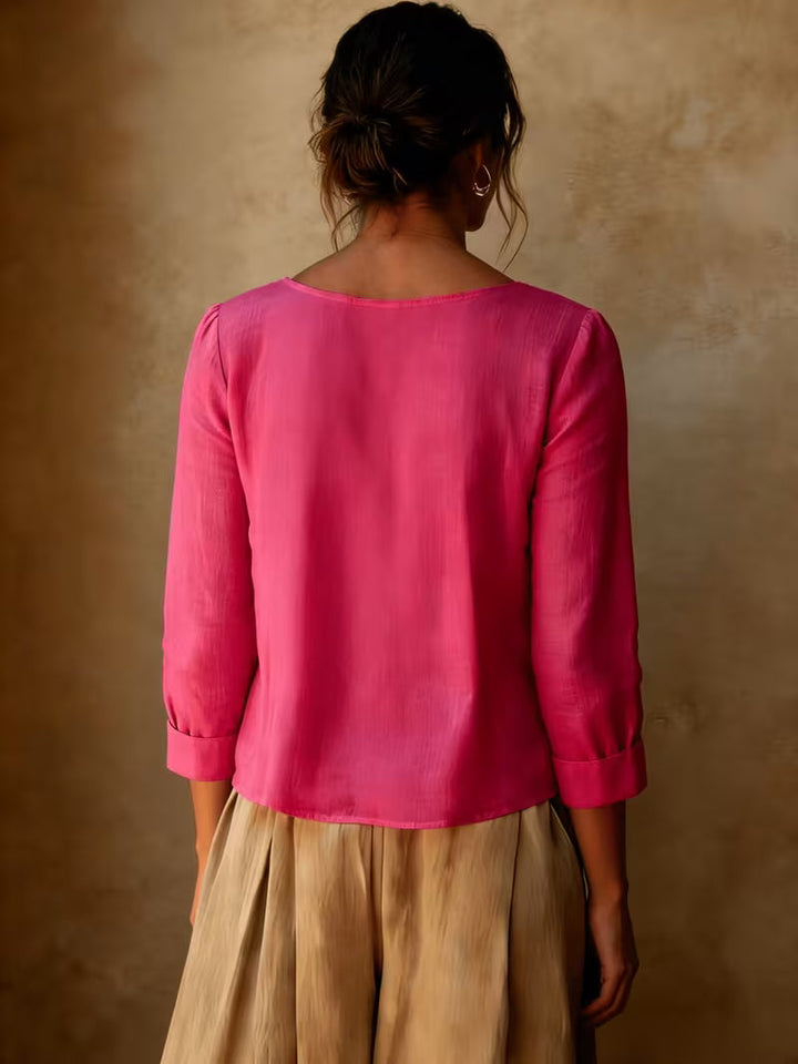 Gelina - Round Neck Blouse With Front Pleats