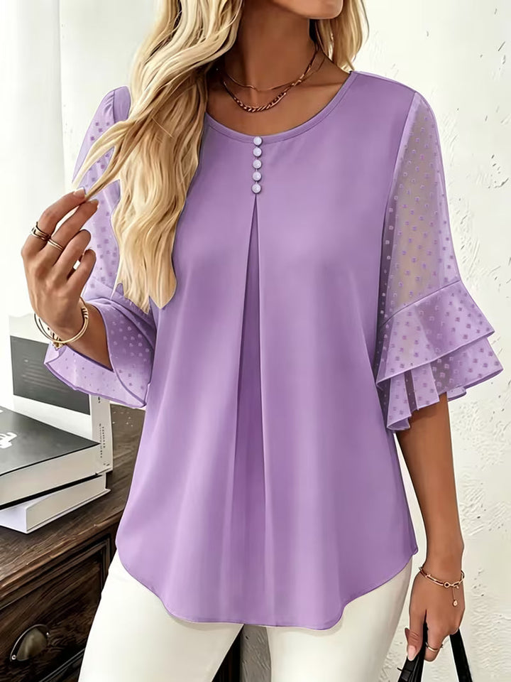 Hurley - Round Neck Blouse With Sheer Ruffle Sleeves
