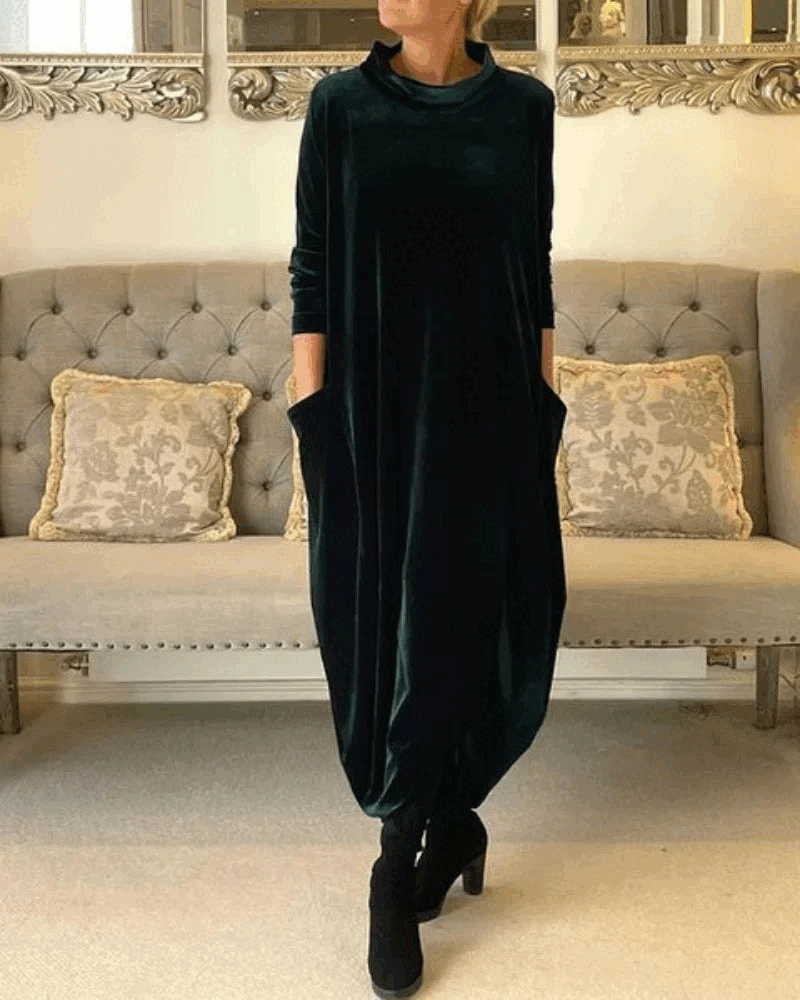 Layeena - Elegant Velvet Maxi Dress With Pockets