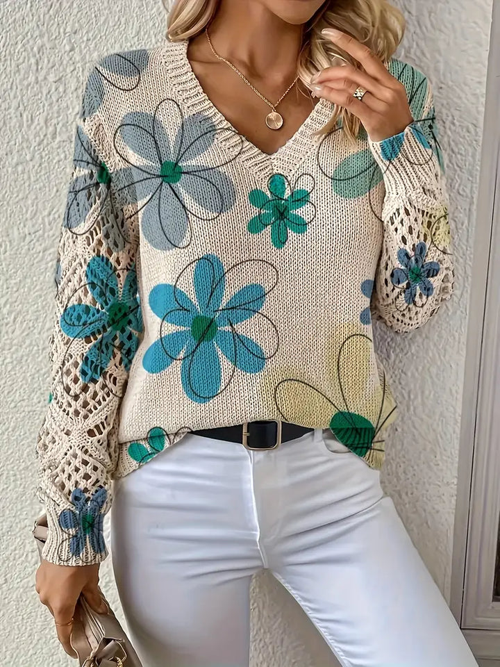 Marzena - Elegant Long Sleeve Sweater With Floral Print