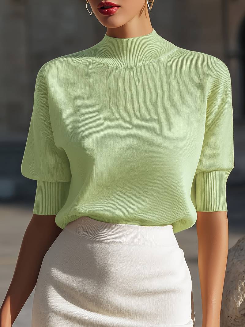 Jenni - Mock Neck Ribbed Short Sleeve Knit Top