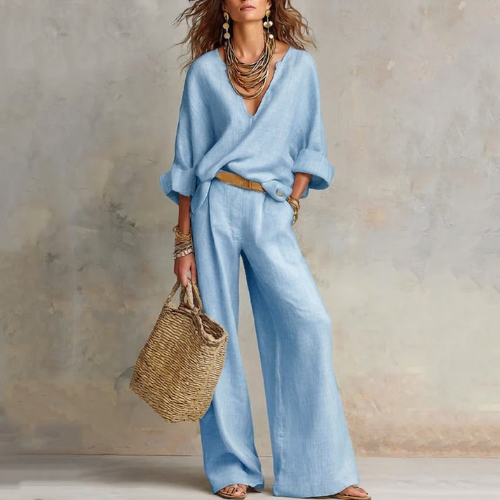 Ilaina - V-neck Top And Wide Leg Trousers Set
