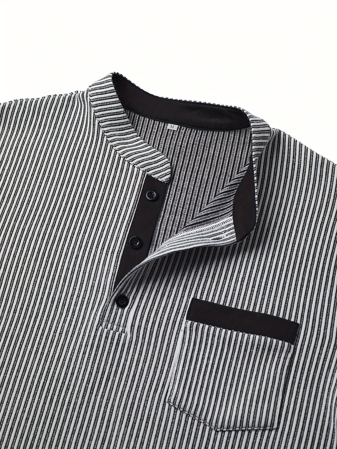 Lorcmir - Textured Striped Collar Long Sleeve Henley Shirt