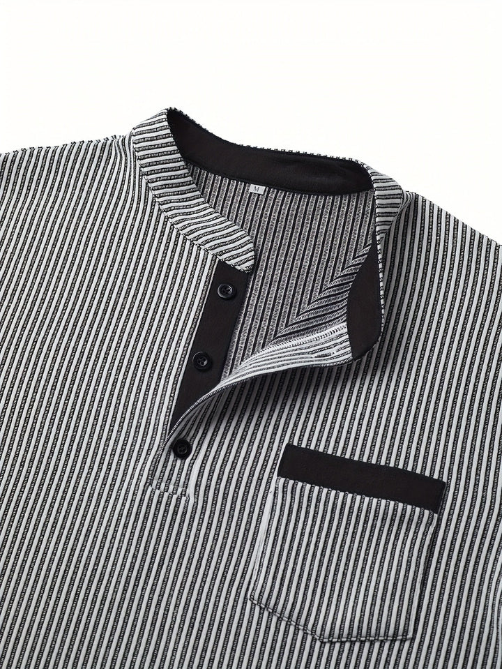 Lorcmir - Textured Striped Collar Long Sleeve Henley Shirt
