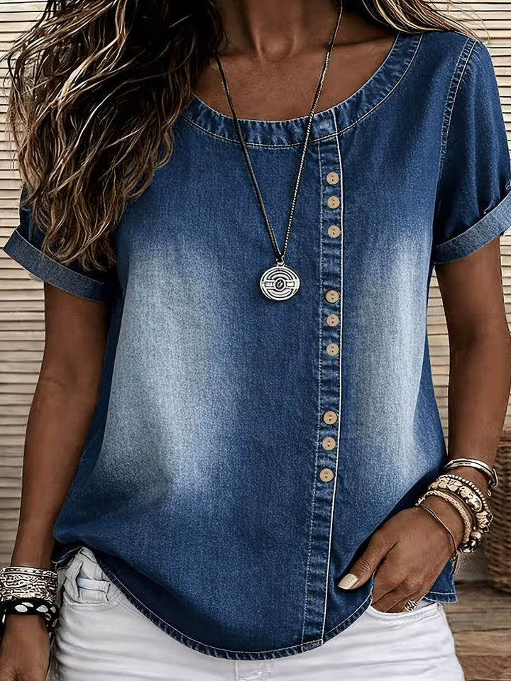 Ferina - Distressed Short Sleeve Denim Top