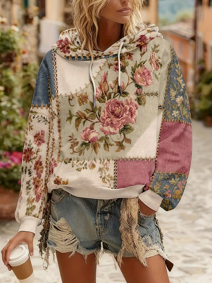Zaneosica - Floral Patchwork Long Sleeve Hooded Top