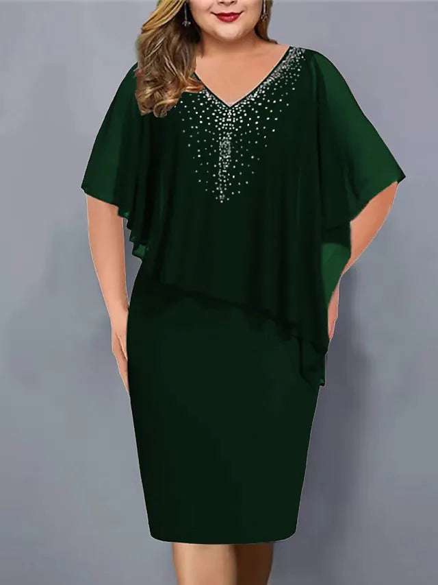 Novelia - Rhinestone-Embellished Chiffon V-Neck Dress