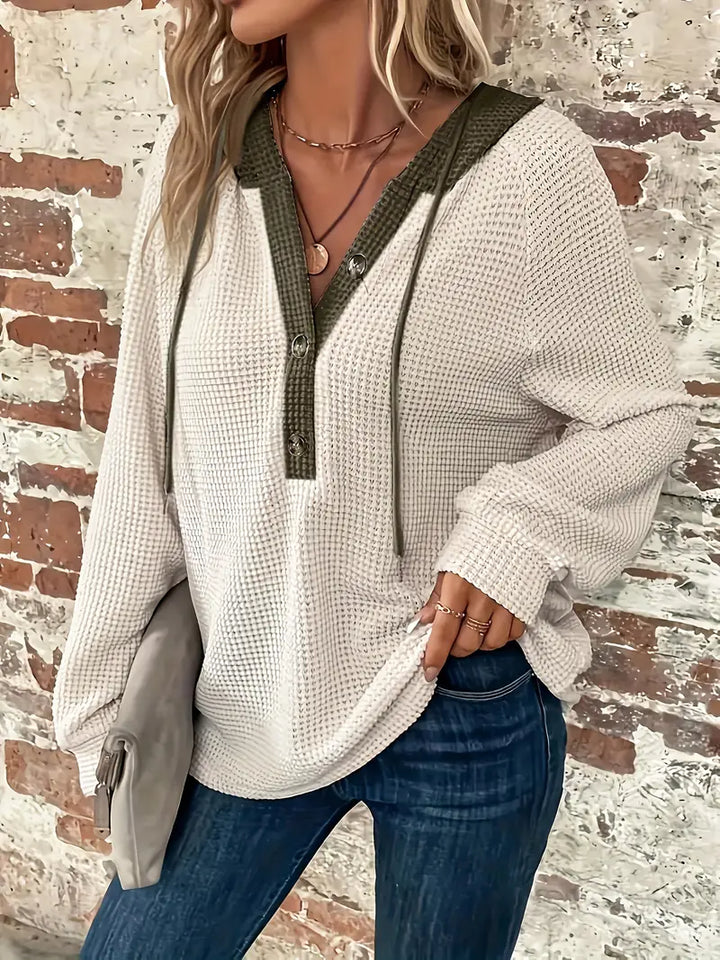 Snezhana - Long Sleeve Button Front Drawstring Hoodie