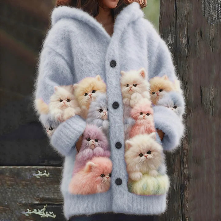 Kelsie - Fluffy Hooded Cardigan with Cats
