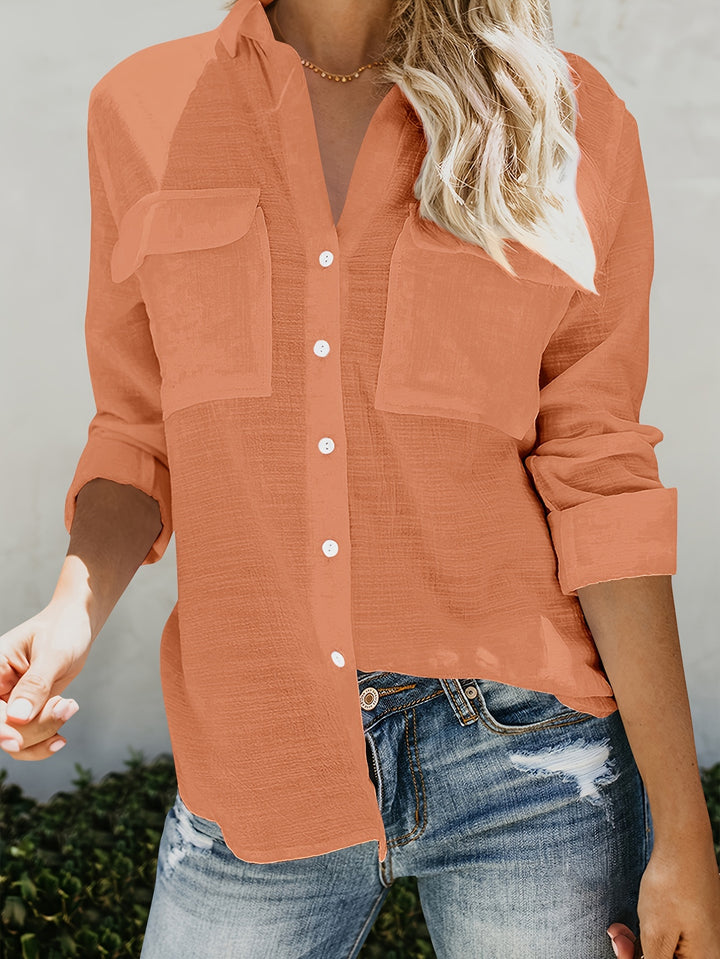 Priscilla - Long Sleeve V-Neck Blouse With Button Front